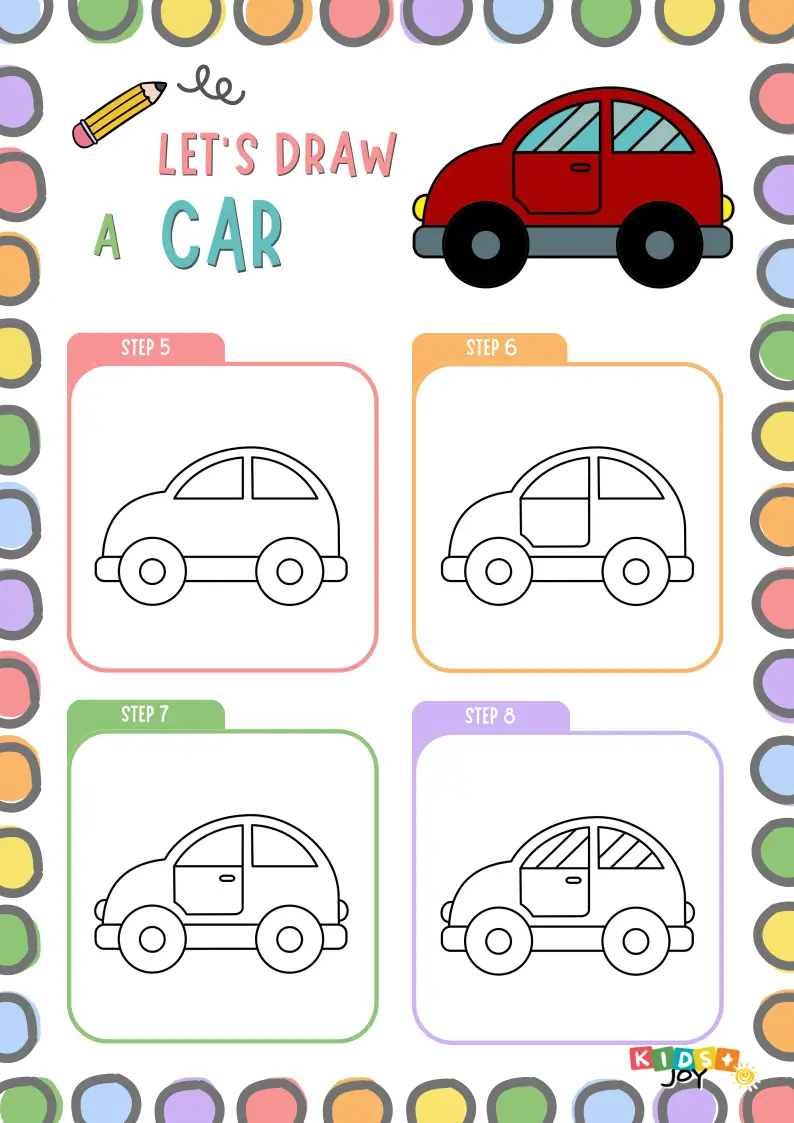 Steps to draw a cartoon car