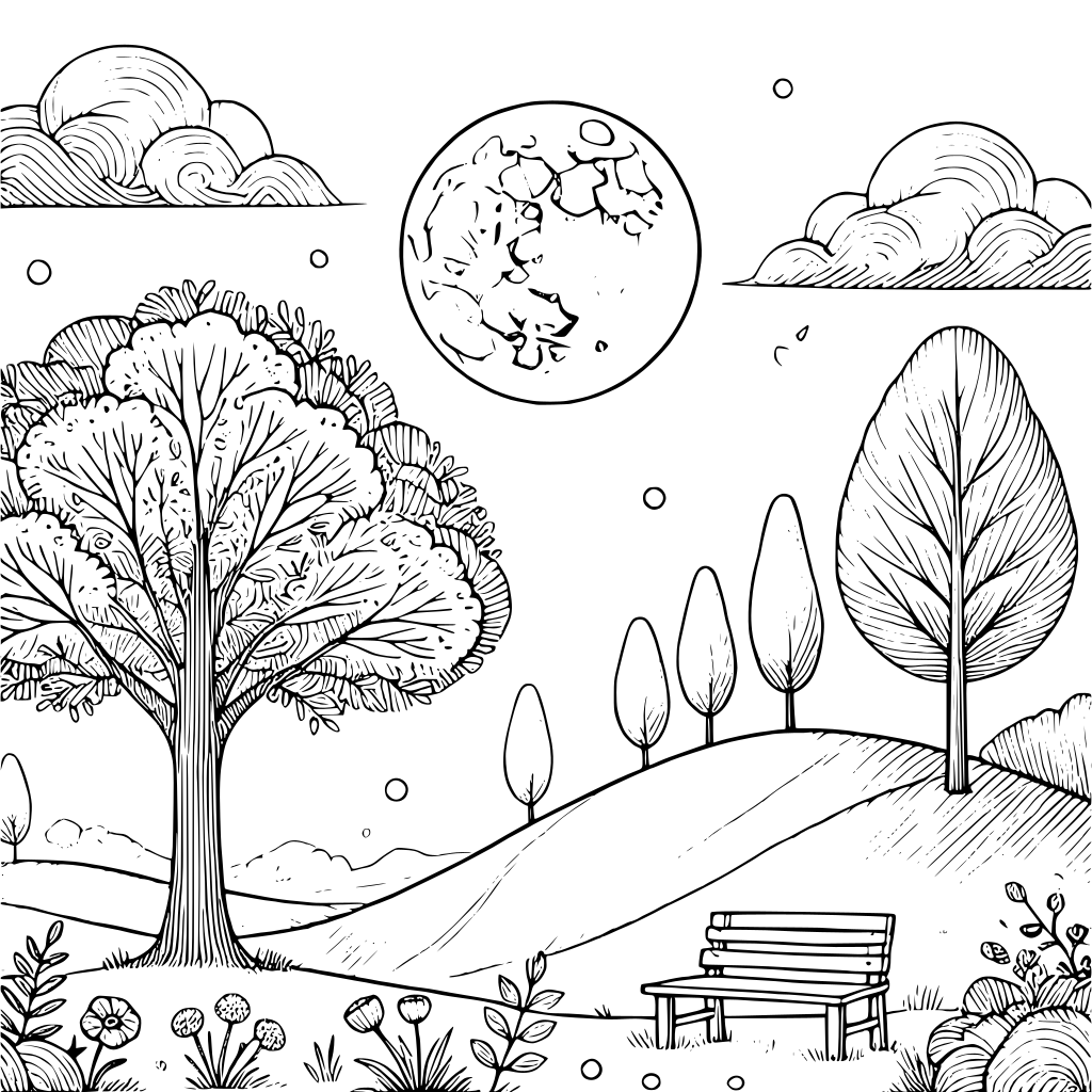 Aesthetische ruhige Landschaft Ausmalbild zum Ausdrucken