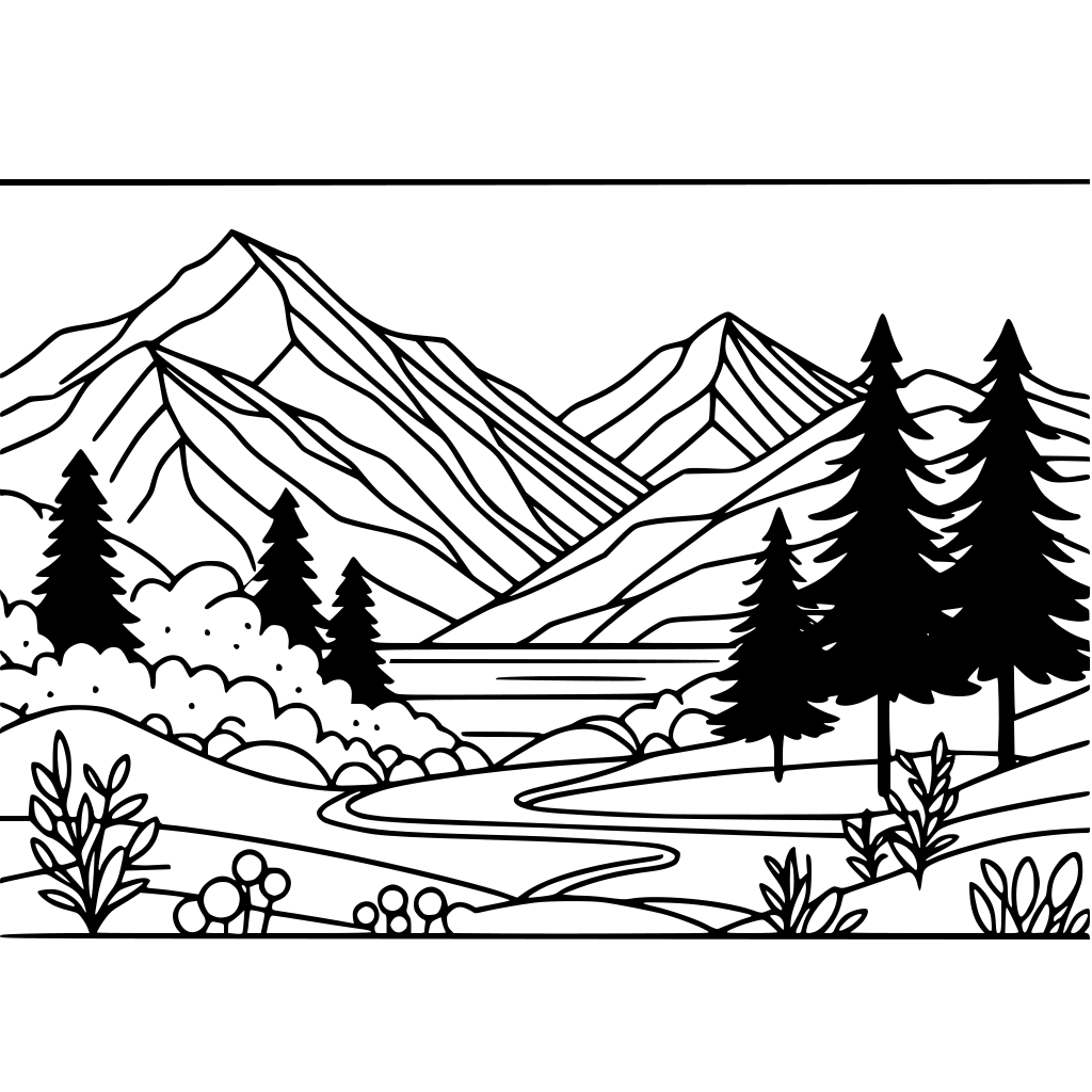 Ästhetische Berglandschaft Ausmalbild zum Ausdrucken