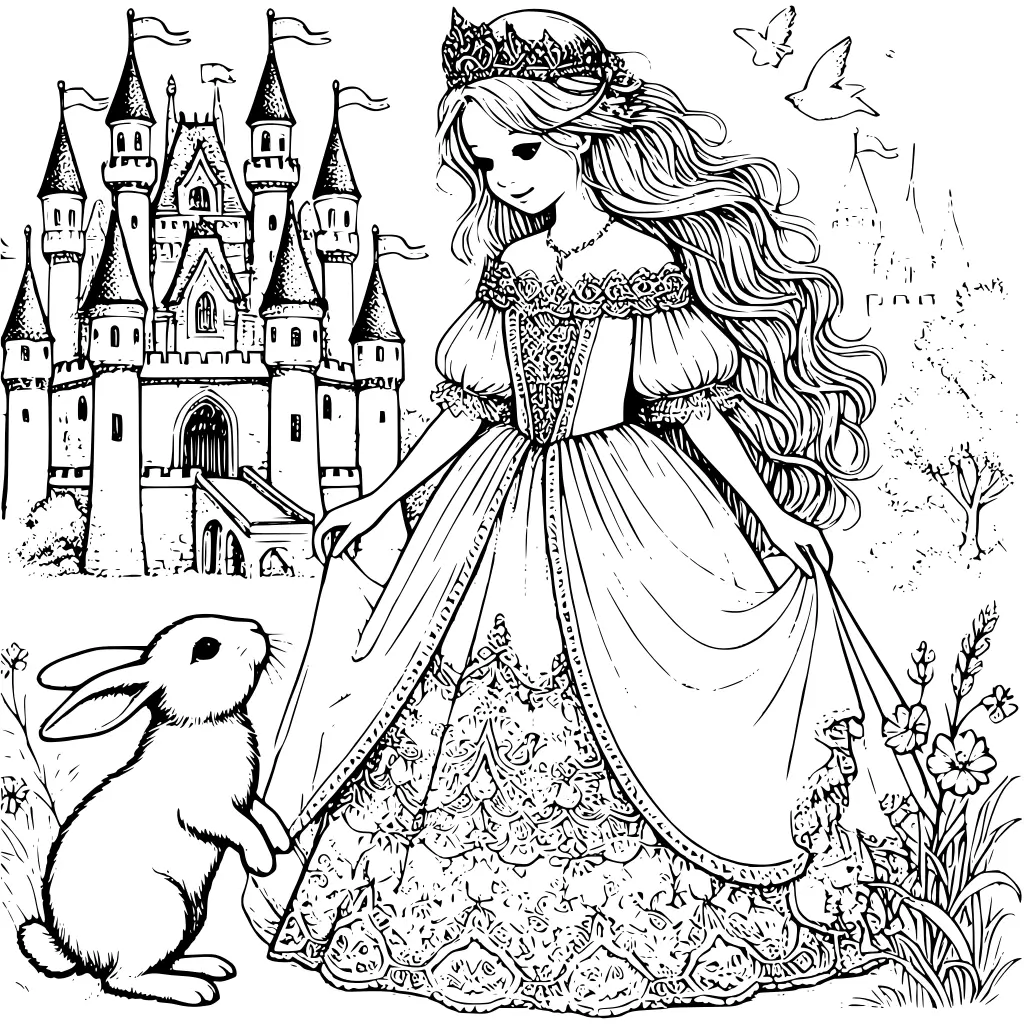 Ausmalbild Prinzessin mit Häschen und Schloss 1