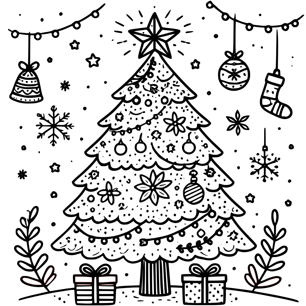 Christmas tree with gifts coloring page