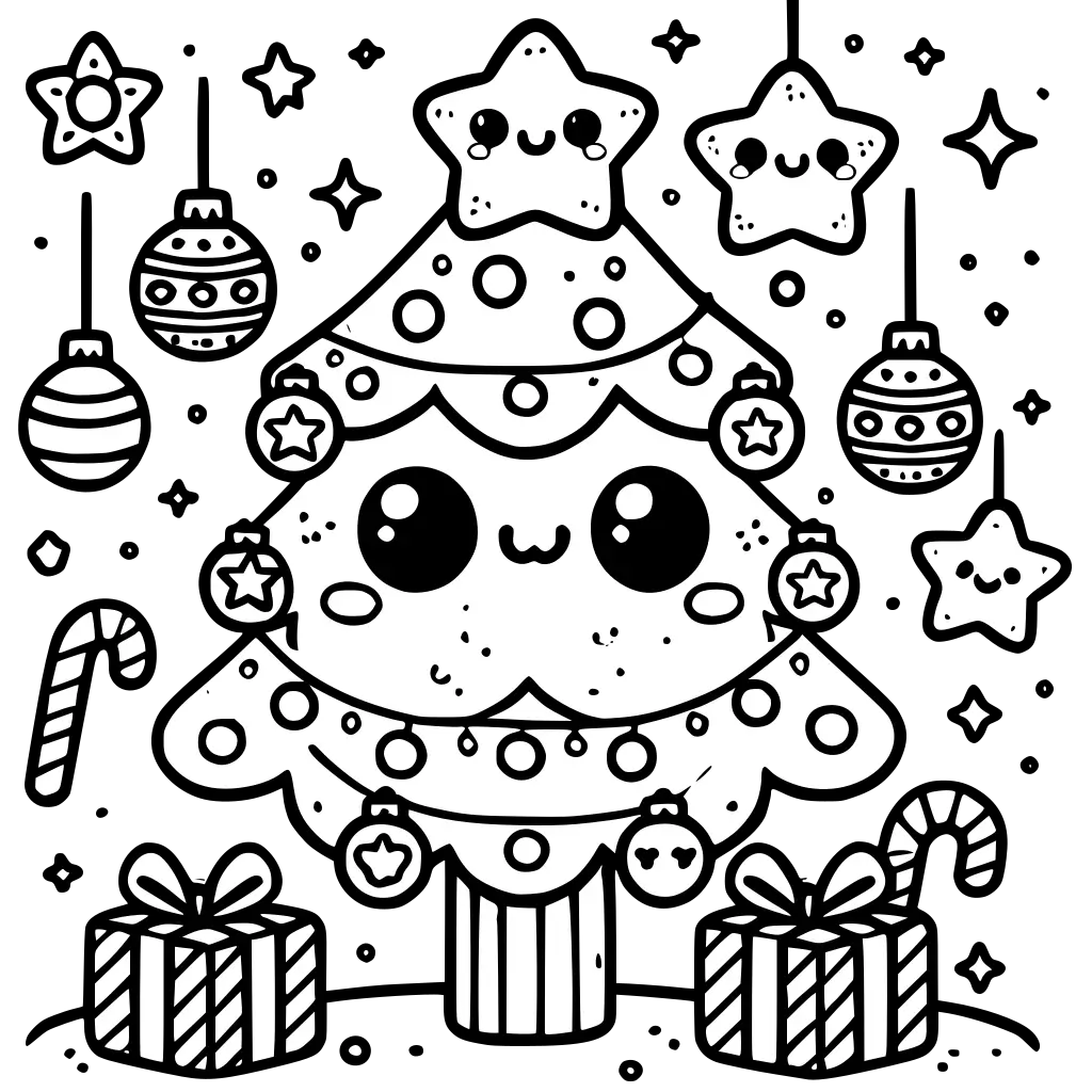 Kawaii Christmas tree coloring page