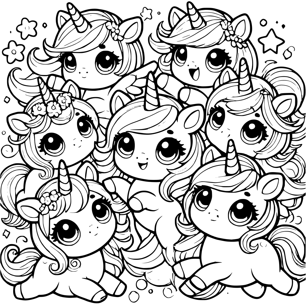 Niedliche Einhorn Gruppe Ausmalbild zum Ausdrucken