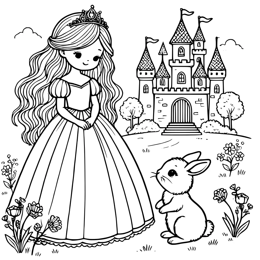 Süße Prinzessin mit Häschen Ausmalbild zum Ausdrucken