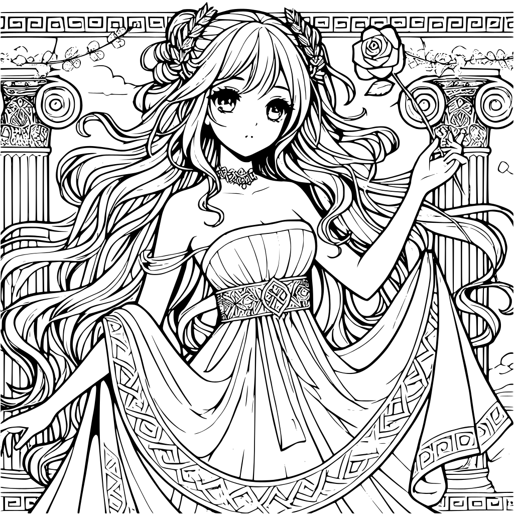 Wunderschöne Aphrodite-Göttin im Anime-Stil Ausmalbild zum Ausdrucken