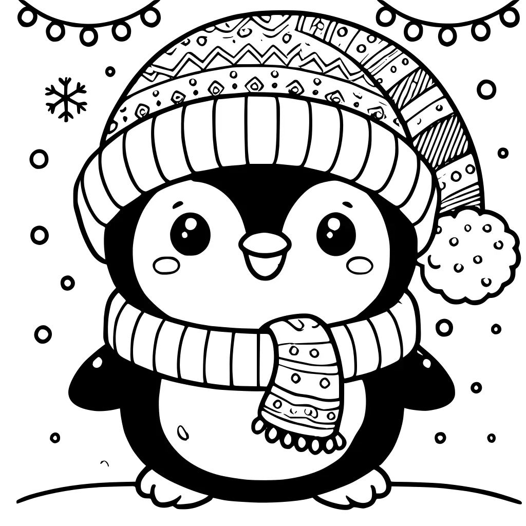 Kawaii Christmas Penguin with Hat coloring page