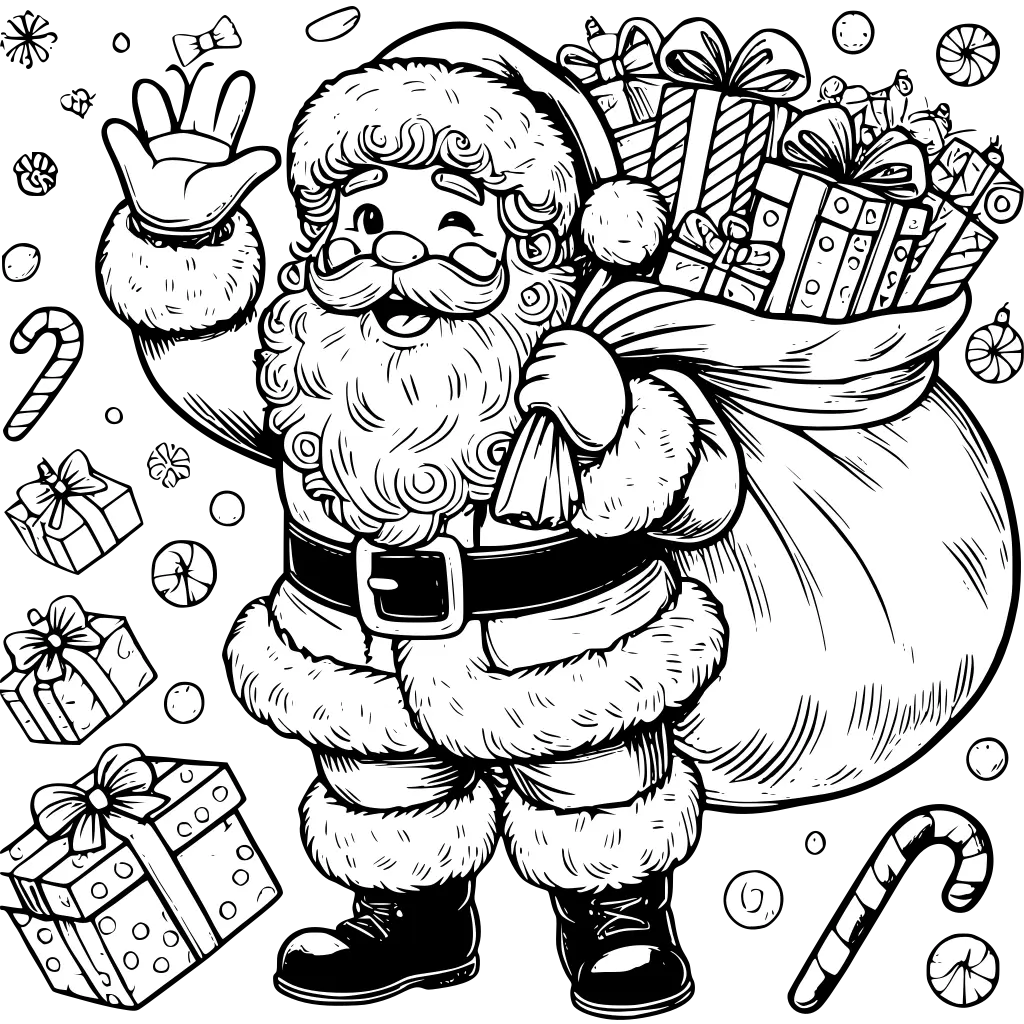 santa claus with presents coloring page