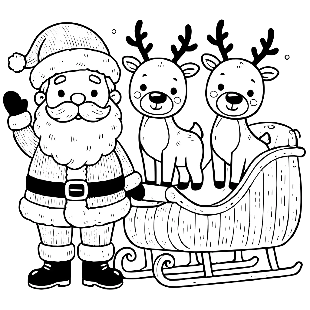 santa claus with reindeer sleigh coloring page
